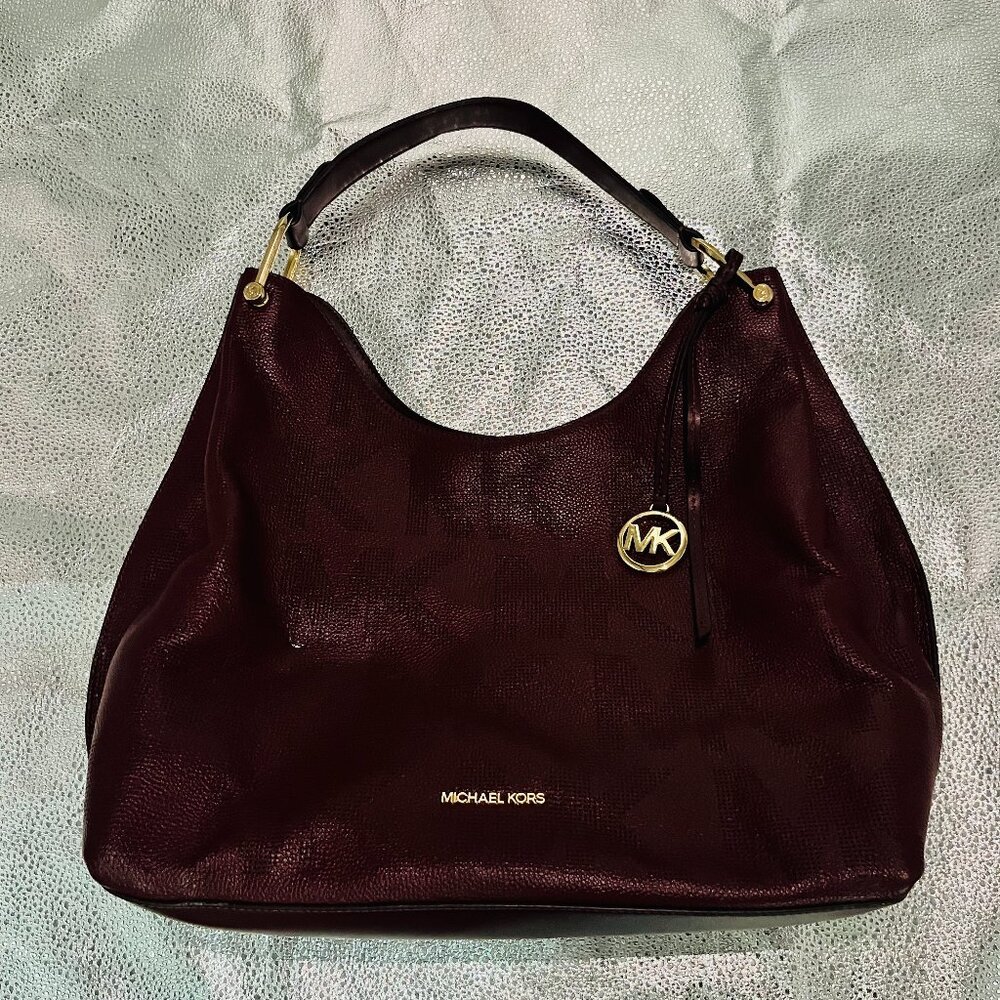 Michael Kors Joan Shoulder Bag Burgundy Red Women's Pebbled Leather Logo Charm